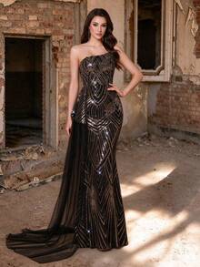 Mgiacy Black Strapless Mermaid Dress With Ruffle Hem, Elegant Ladies Summer Ball Gown, Bridesmaid Dress With Train, Suitable For Party And Holiday - Black - View 1