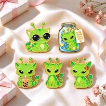 Cute Alien Cat Enamel Pins, Funny Green Kitty Metal Brooch Badge, Backpack Clothes Hat Decor, Kawaii Lapel Pin Gift For Cat Lovers - Multicolor - View 2