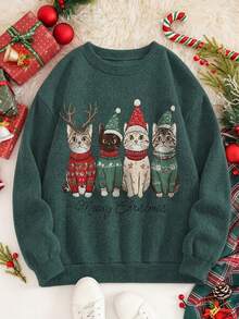 Women's Plus Size Christmas Sweater, 4 Christmas Cats Pattern, Long Sleeve Crew Neck Regular Fit, Ideal Choice For Autumn Outfits - Green - View 2