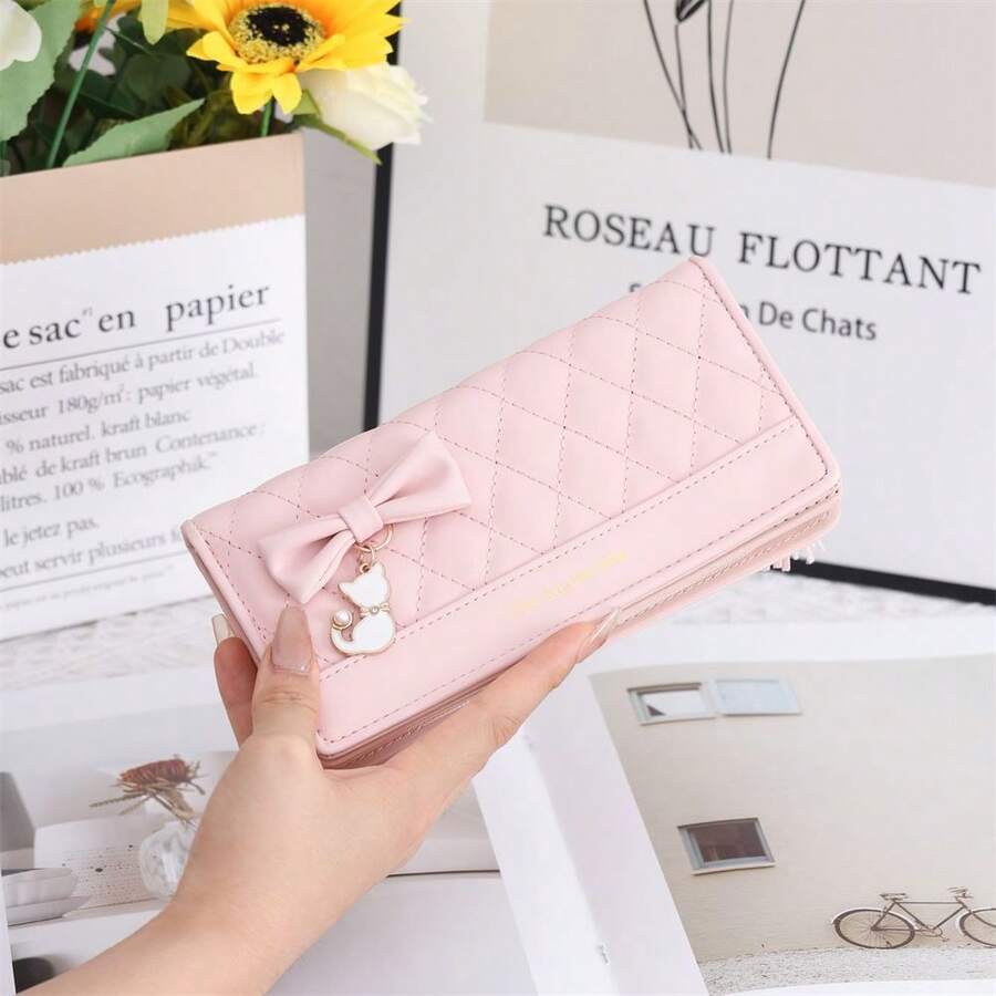 2026 New Women's Long Wallet, Quilted Bow Knot Design, Multi-Function Large Capacity Premium Long Wallet Card Holder - Pink - View 1