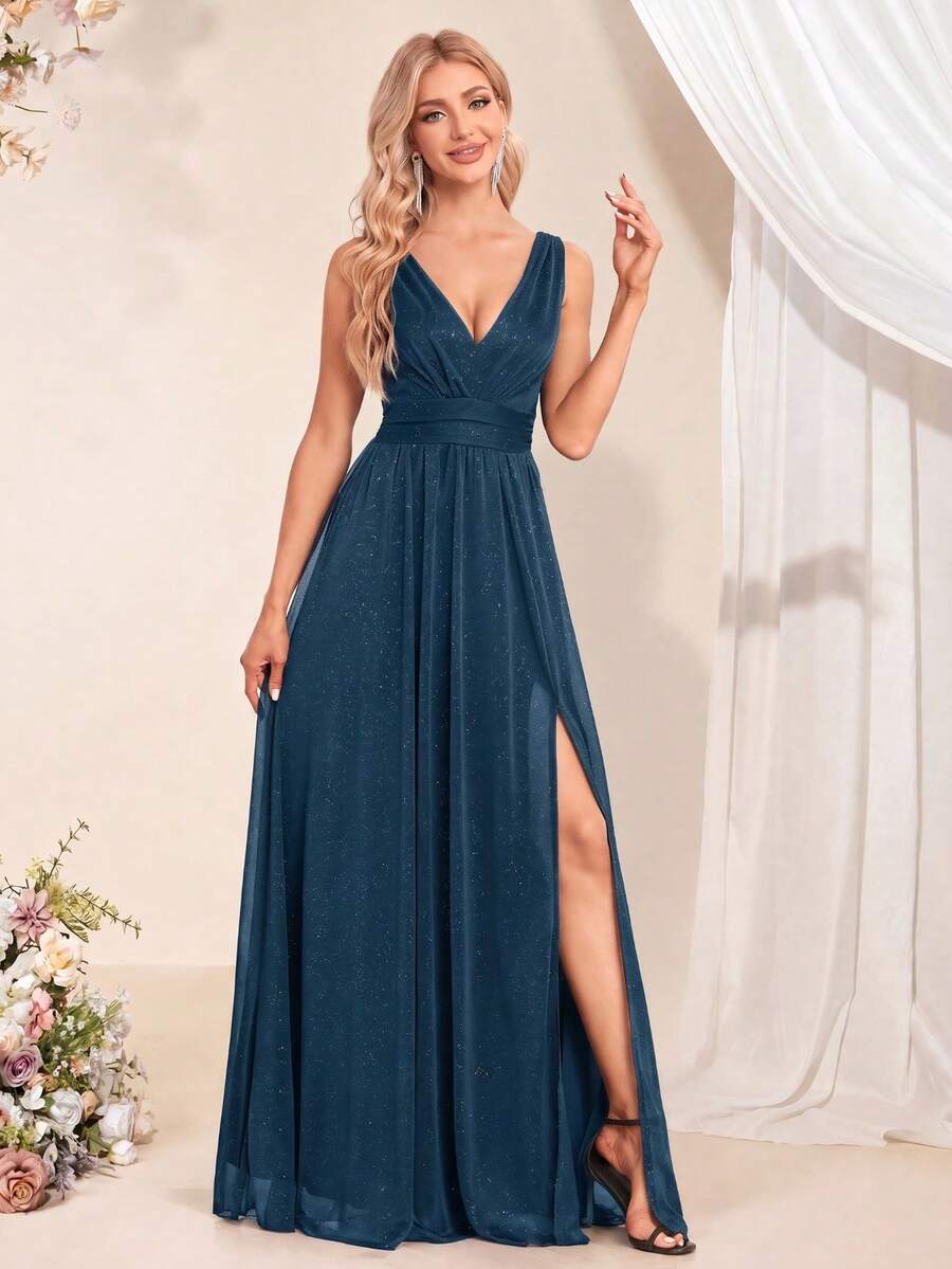 XUCTHHC Elegant V-Neck Sleeveless Tulle A-Line Black Formal Ball Gown, Wedding Guest Dress, Party, Prom, Graduation, Holiday, Autumn Fall