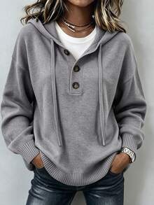 Women's Gray Half Button Hooded Knit Sweater Long Sleeve Ribbed Cuffs Oversized Casual Pullover, Cozy Fall Winter Daily Lounge Wear - Grey - View 5