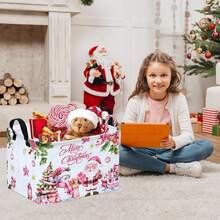 1PC Pink Santa Snowman Christmas Tree Gift Print Christmas Storage Basket With Handles, Collapsible Holiday Home Organizer Bin - Pink - View 5