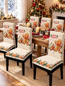 Gingerbread Man Christmas Chair Cover, Gingerbread House, Candy Cane, Snowflake, Holly Leaf And Sweet Christmas Lettering Pattern, Cute Dessert Theme Holiday Chair Back Seat Protector, Suitable For Christmas Party, Family Gathering, Restaurant And Winter Home Decor - Multicolor - View 8