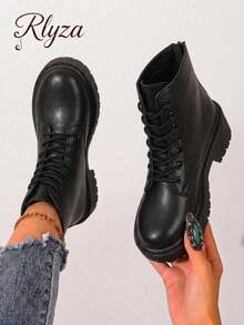 rlyza Fall/Winter Style With Black Corset Lace-Up Front Combat Boots, Black Fashionable Women's Boots,Boots For Women - Black - View 1