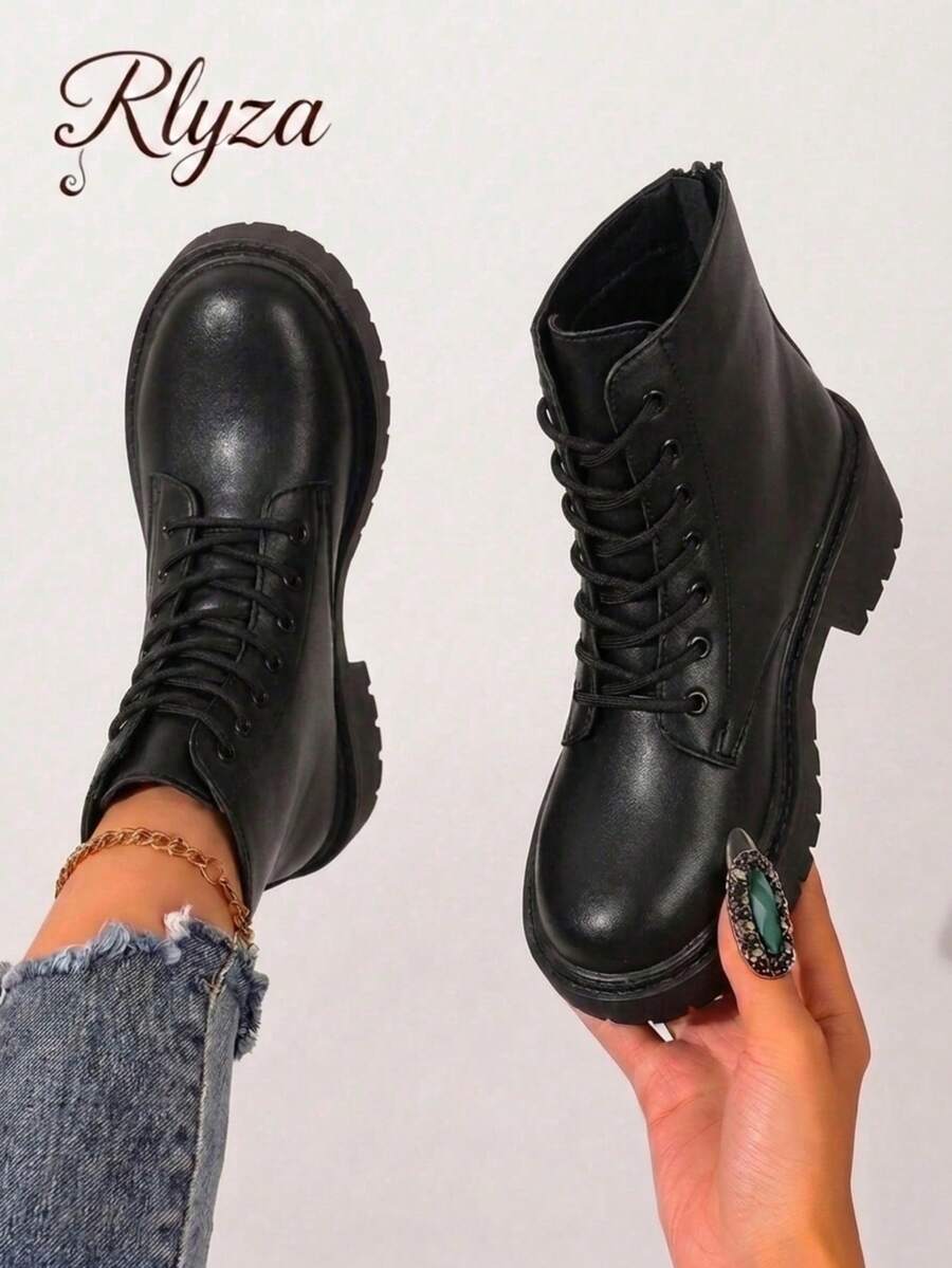 rlyza Fall/Winter Style With Black Corset Lace-Up Front Combat Boots, Black Fashionable Women's Boots,Boots For Women - Black - View 1