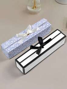 10pcs/5pcs/1pc Minimalist Black & White Bow Gift Box, Ribbon Premium Gift Packaging Box, Blue Interwoven Floral Pattern Bow Gift Box, Jewelry Long Strip Jewelry Box, Chocolate Snack Gift Box, Suitable For Mother's Day, Summer Wedding, Father's Day, Back To School Teacher Appreciation Week, Daily & Holiday Party, Christmas Party And Other Occasions. - Long Gift Box - View 1