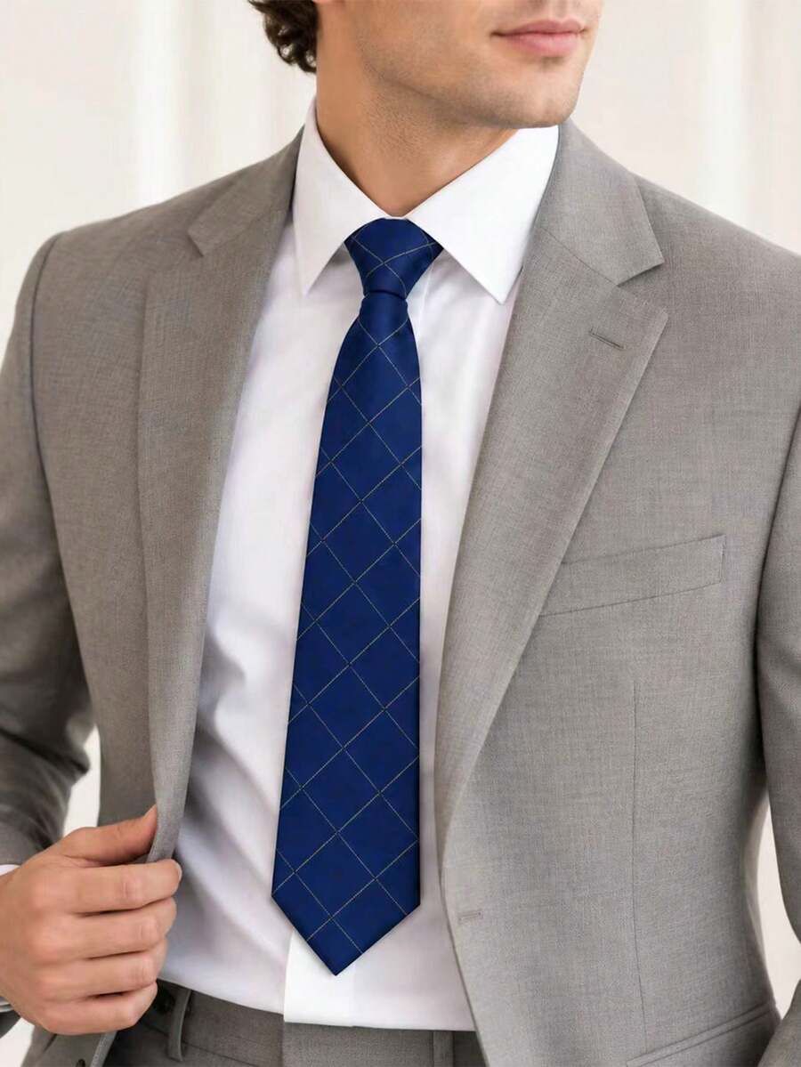 1pc Men's Adjustable Plaid Tie, Formal Business Office Wedding Graduation Party Accessory - Multicolor - View 1
