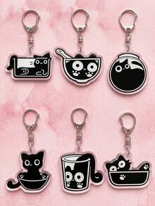 6Pcs Cute Liquid Black Cat & Container Daily Style Acrylic Keychains, Fashion Bag Charms, Suitable For Black Cat & Pet Lovers Gifts, Cute Pet Accessories Collection, All Season - Multicolor - View 1