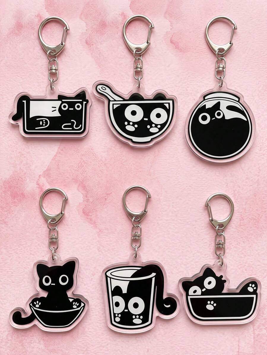 6Pcs Cute Liquid Black Cat & Container Daily Style Acrylic Keychains, Fashion Bag Charms, Suitable For Black Cat & Pet Lovers Gifts, Cute Pet Accessories Collection, All Season - Multicolor - View 1