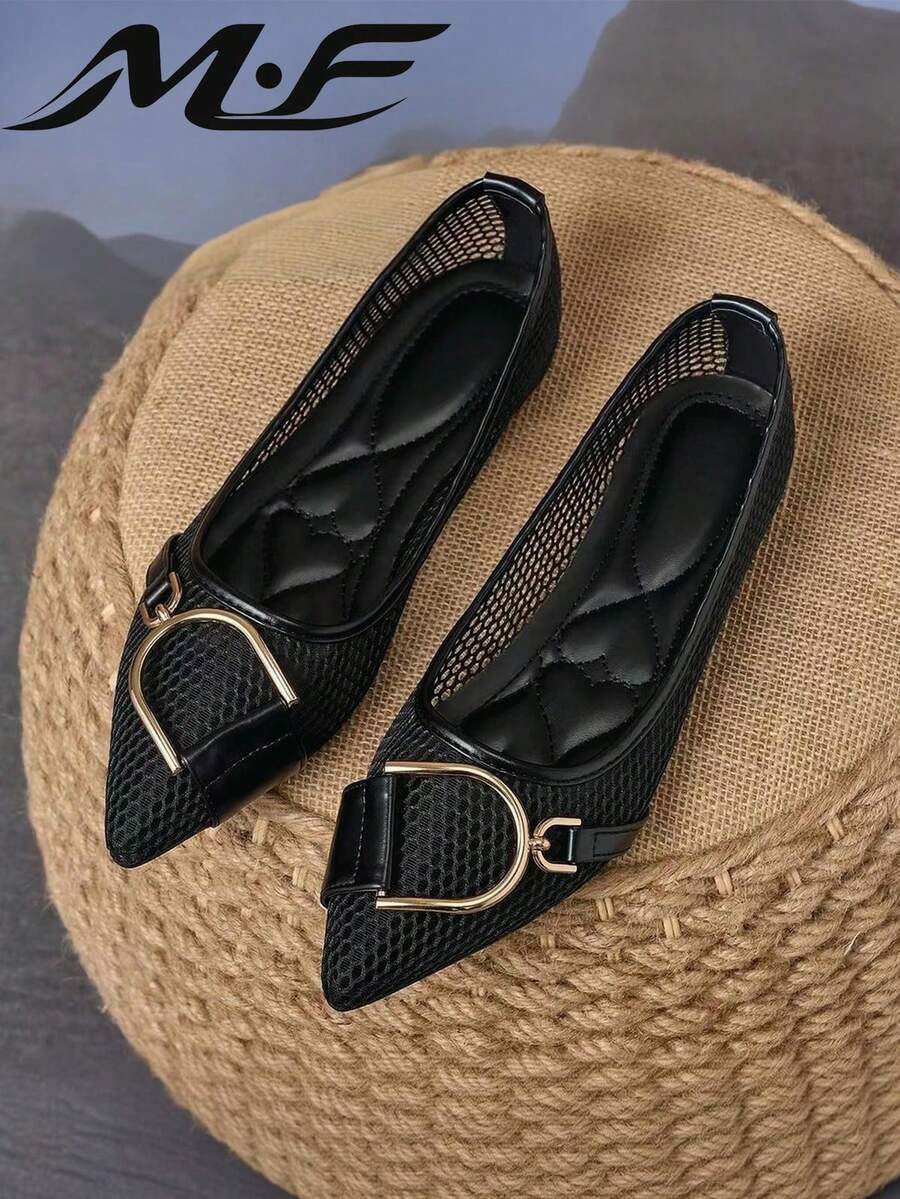 1 Pair Women's Pointed Toe Flat Shoes, Versatile Work Shoes, Driving Loafers, Soft Sole, Fairy Style, Low-Cut Commuter Shoes - Black - View 1