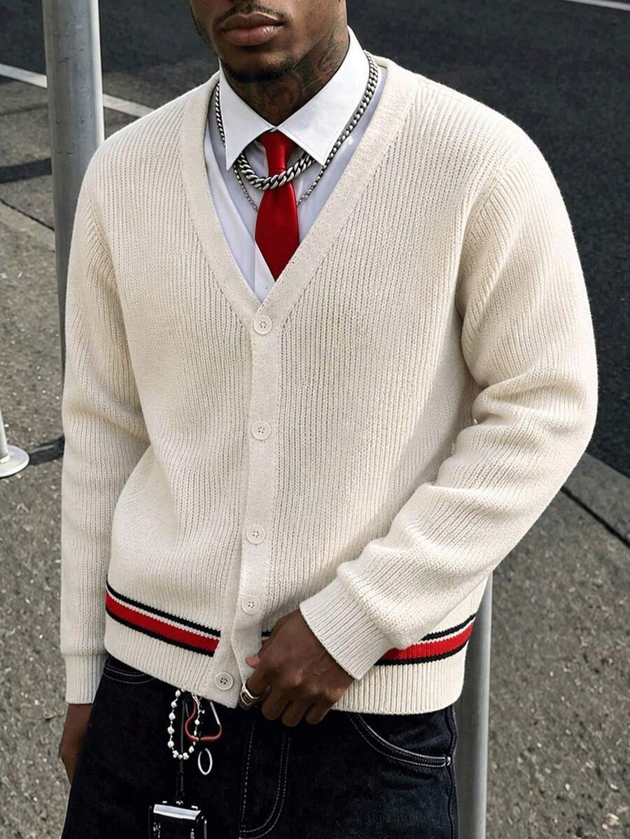 Men's Autumn/Winter Colorblock Striped V-Neck Cardigan, Single-Breasted, Apricot Casual Short Knit Sweater - Apricot - View 1