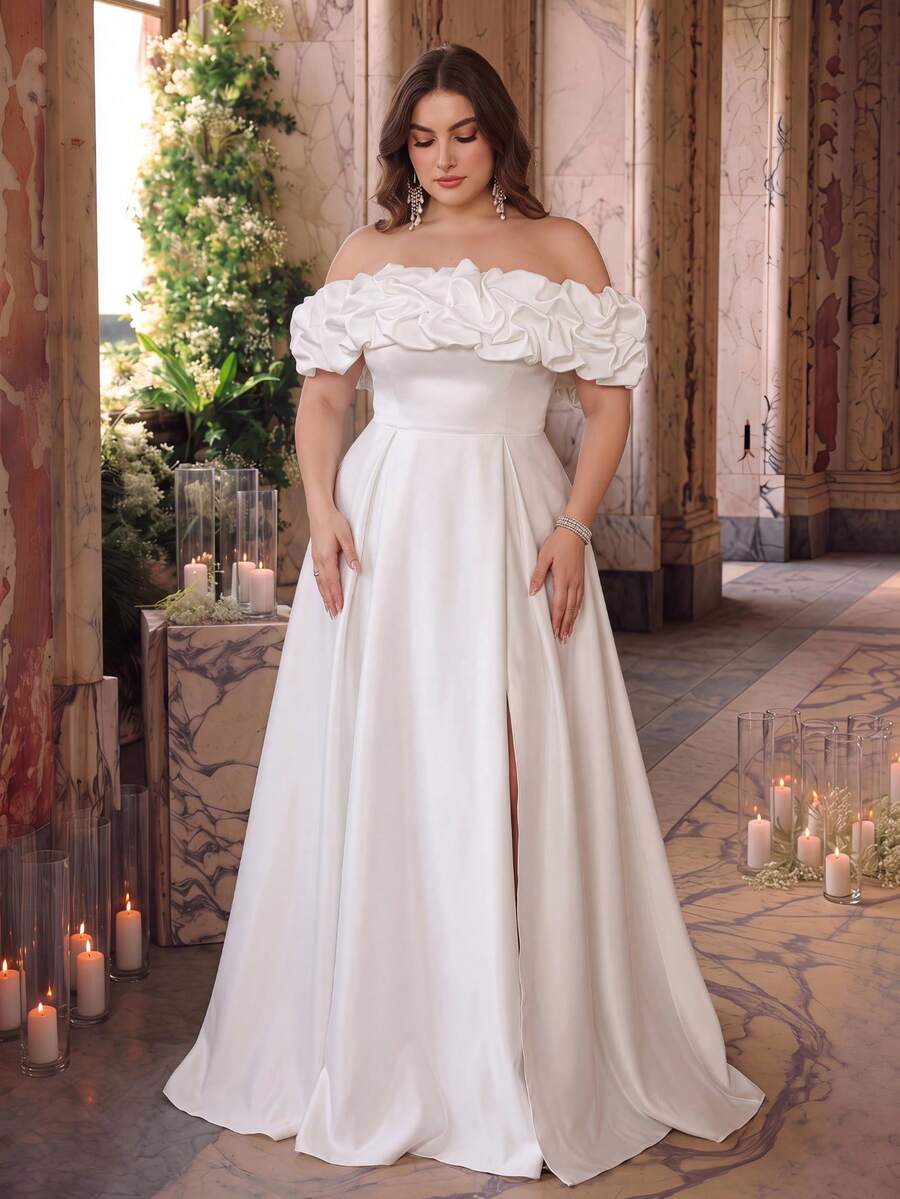 UNITHORSE Plus Size One Shoulder Cloud Ruffle Waist Fitted A-Line Side Slit Minimalist White Wedding Dress, All White Party Dress For Women Fall - White - View 1