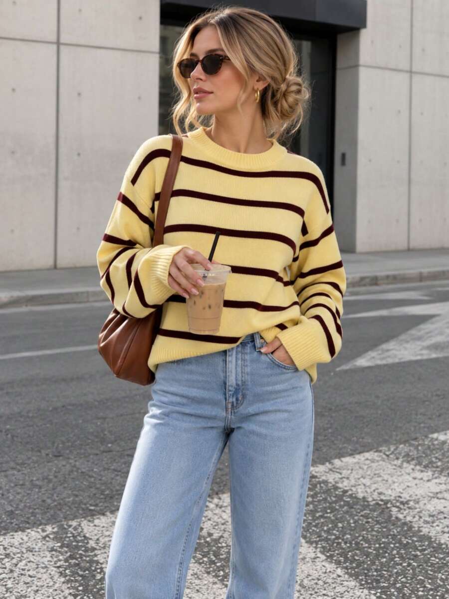 Women's Striped Knit Pullover Sweater Long Sleeve Casual Yellow Top Autumn/Winter