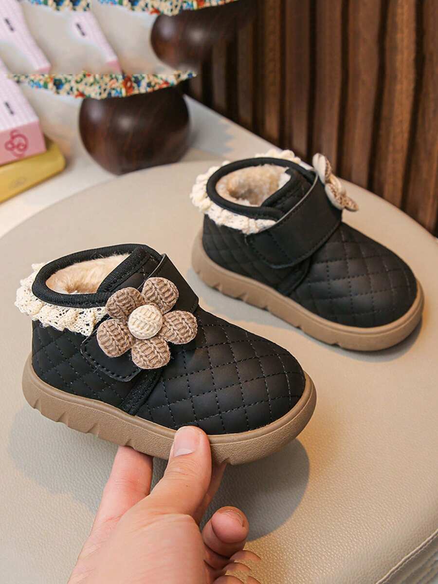 Girls' Winter Princess Boots! Lace Trim + Knitted Floral, Thick Fleece Lining, Heat Retention & Warmth, Hook And Loop Design, Soft Sole Anti-Slip & Comfortable - Black - View 1