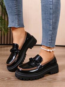 Women's Chunky Heel Loafers With Thick Sole, Chunky Heel Fluted Sole Loafers, Slip-On Round Toe - Black - View 3
