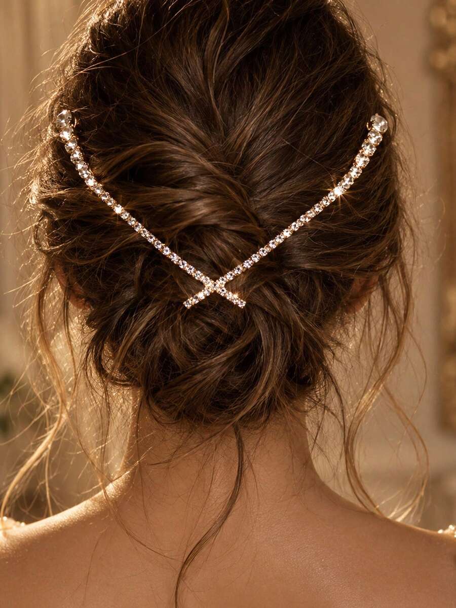 1pc Hot-Selling V-Shaped Criss-Cross Headband Niche Design Luxury Rhinestone Hair Accessory Elegant Bridal Wedding Updo Hairpin - Gold - View 1