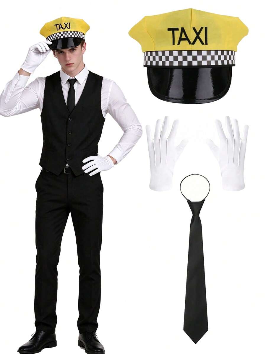 3pcs Yellow Taxi Theme Costume Set And Accessories, Including Hat, Gloves And Tie, Adult Role Play Props, Perfect For Costume Props; Also Suitable For Halloween, Carnival, Festival Role Play And More - Multicolor - View 1