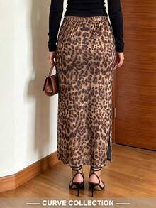 Plus Size Women's Leopard Print Casual Skirt, Spring - Mocha Brown - View 3