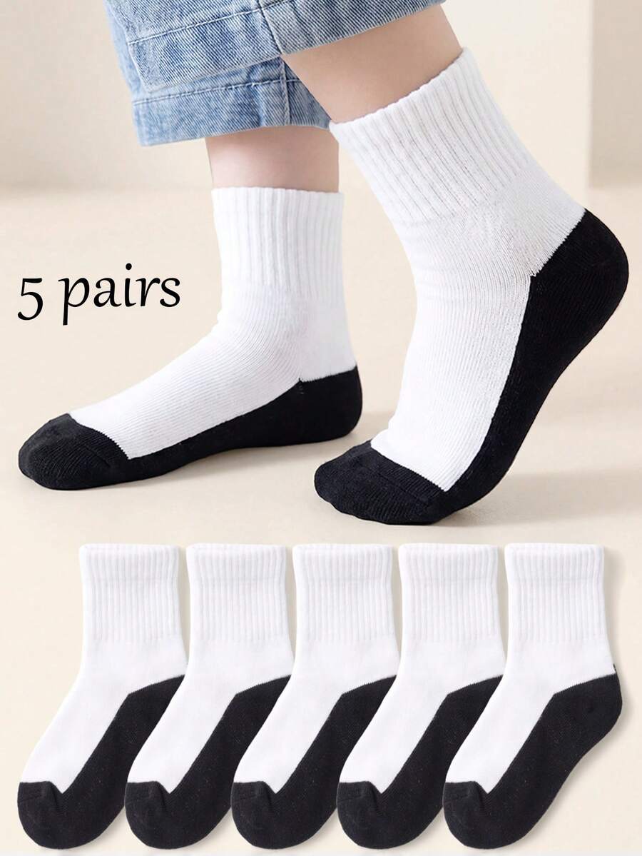 5 Pairs Classic Sports Style Student Socks, Suitable For Boys & Girls Aged 1-16, All Seasons, Crew Neck Design, Easy To Wash - Black and White - View 1