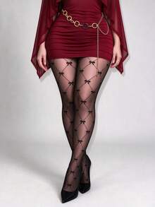 1 Pair Black Argyle Bow Tights, Vintage Diamond Pattern Jacquard Pantyhose - Black - View 1