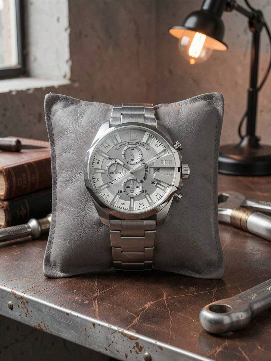 Diesel DZ4652 Men's Quartz Chronograph Watch, 45mm Silver Case, White Dial, Metal Strap, 5BAR Water Resistant Fashion Watch - Silver - View 1