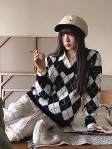 女款寬鬆休閒針織開襟毛衣，菱格紋，秋冬款 - 黑與白 - 查看 5