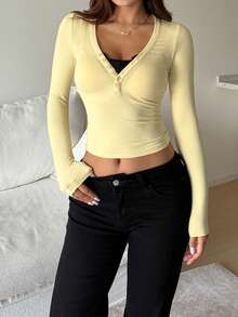 Women's Yellow Ribbed Henley Long Sleeve Top, Deep V-Neck Button Placket Slim Fit Design, Y2K Basic Casual Date Autumn/Winter Outing Blouse - Pale Yellow - View 7