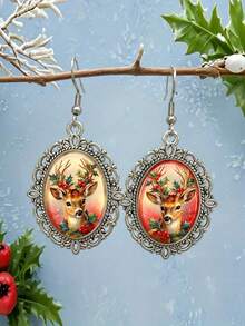 Oval Reindeer Earrings - Antique Silver Hollow Frame Holiday Accessory, Christmas Party Decoration, Christmas Gift For Women - Silver - View 1