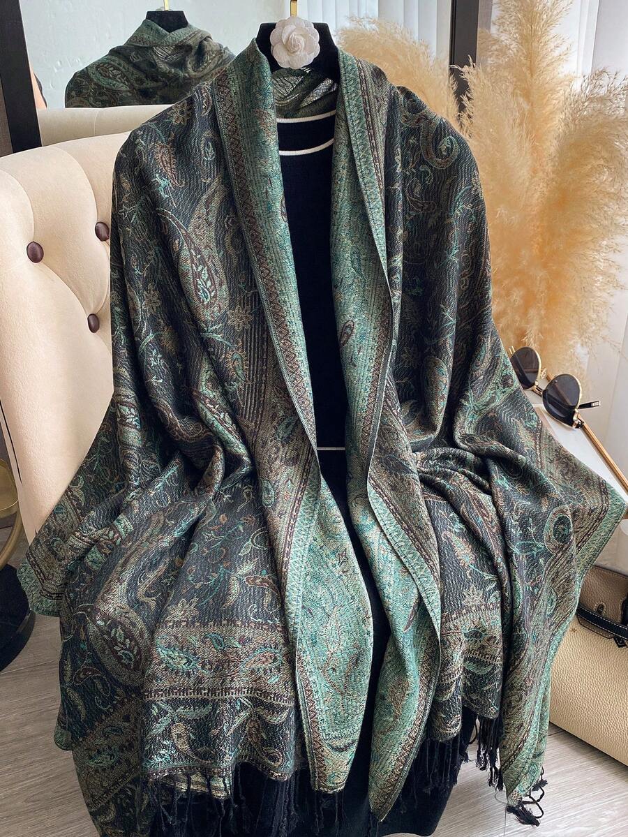 1件女款多色優雅復古佩斯利花紋波西米亞風流蘇防風披肩圍巾，適合日常外出、旅行與攝影，波西米亞風格