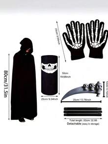 1pc Cloak/4pcs Halloween Adult Grim Reaper Costume Accessories, Including Mask, Gloves And Scythe - Multicolor - View 17