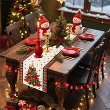 1PC Red & Green Printed Christmas Table Runner, Plaid Edge Doodle Christmas Tree Leopard Print Bow Snowflake Design Rectangular Tablecloth, Suitable For Indoor Dining Room, Kitchen Table, Winter Holiday Home Decor, Family Gathering Party Supplies - Multicolor - View 5