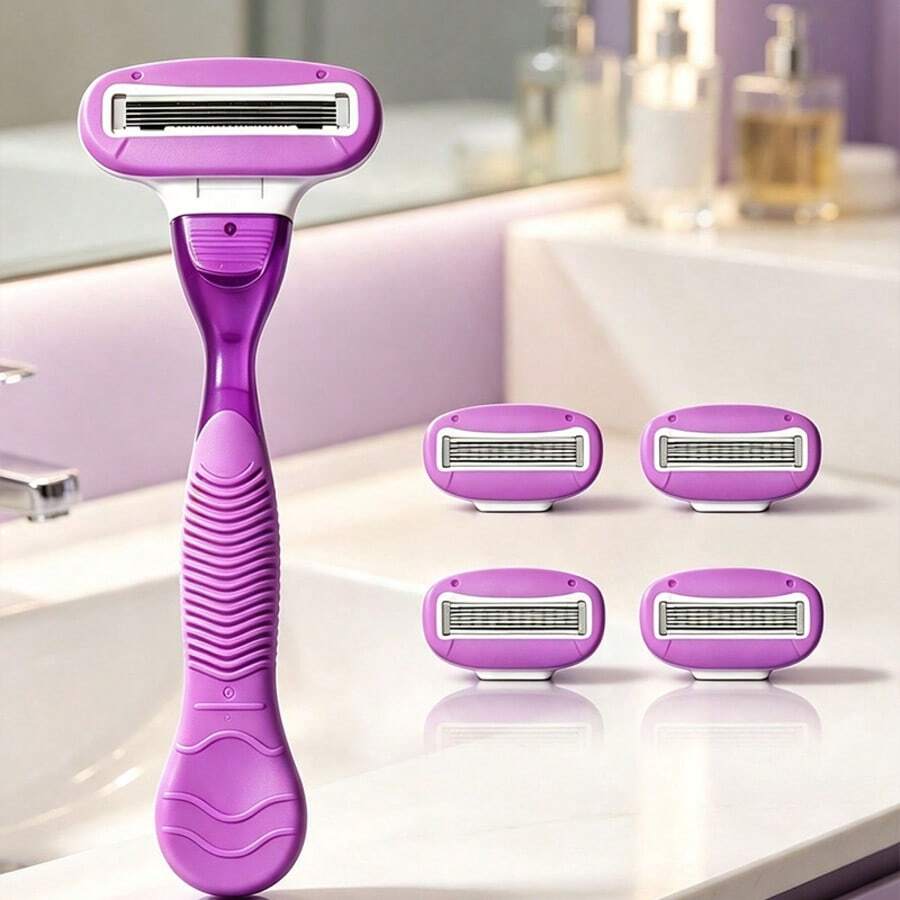 4 Replacement Blades + 1 Handle Purple Women's Manual Razor Set, 5-Layer Sharp Blades, Replaceable Cartridges, Dry & Wet Use, Full Body Washable, Armpit, Leg, Body Hair Removal, Portable Shaving Tool - Purple - View 1