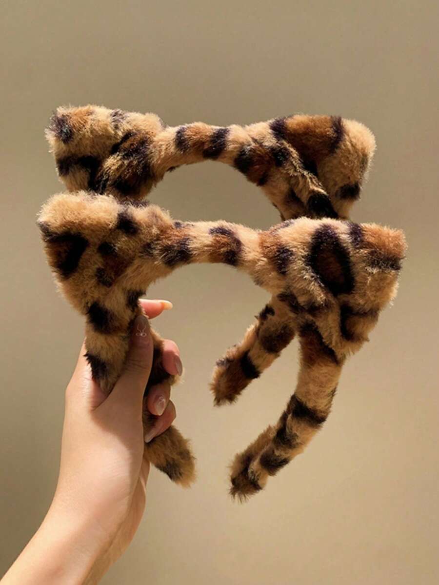 1/2 st hårband i konstpäls med leopardmönster, mjukt hårband med kattöron för ansiktstvätt, lämpligt för ansiktstvätt eller fest - Plysch leopardmönstrade kattöron - Visa 1