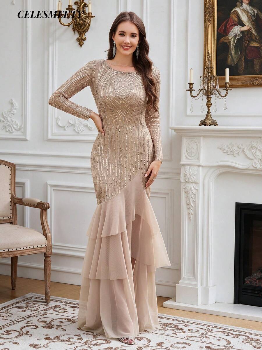 Elegant Champagne Gold Embellished Layered Evening Dress, Suitable For Parties, Gatherings, Holidays, Dates - Champagne Gold - View 1