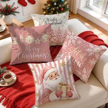 4pcs/1pc Christmas Pink Santa Claus Snowflake Pine Tree Pattern Pillow Case Without Insert, Single-Sided Printed Pillow Case, Suitable For Living Room Bedroom Home Decor, All-Season Pillow Case - Multicolor - View 6