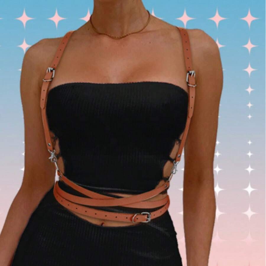 1pc Women's Brown PU Leather Decorative Harness Belt, Street Style Punk Gothic Body Adjustable Waist Belt Accessory For Dress Party Outfit, Holiday Party Dress Matching Belt Accessory - Coffee Brown - View 1