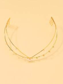 outingfit 1pc V-Shaped Double-Layer Rhinestone Hair Comb Headband, Elegant Bridal Evening Party Hair Accessory - Gold - View 7