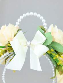 1pc Cream Rose & Faux Pearl Beaded Handheld Flower Hoop Basket Bow Ribbon Bridal Bridesmaid Wedding Photo Props - Champagne - View 4