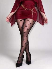 1 Pair Black Argyle Bow Tights, Vintage Diamond Pattern Jacquard Pantyhose - Black - View 4