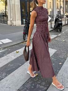 2026 Spring/Summer/Autumn New Fashion French Elegant Stand Collar Sleeveless Striped Shirred Waist A-Line Long Dress For Women, Suitable For Outings, Dates, Holidays, Back To School, Graduation, Daily Commute, Street Style, Party, Autumn Outfits, Halloween, Christmas - Purple - View 3