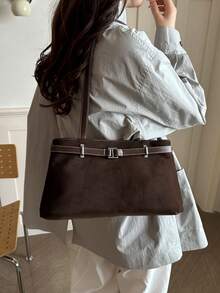 Women Shoulder Tote Bag,Solid Color Suede Faux Leather Handbag,Belt Buckle Contrast Stitch Top Handle Purse,Elegant Vintage Daily Work Bag For Ladies - Coffee - View 4