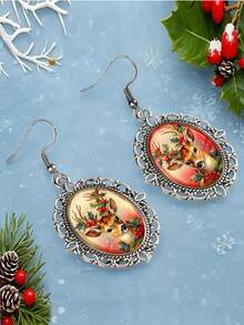 Oval Reindeer Earrings - Antique Silver Hollow Frame Holiday Accessory, Christmas Party Decoration, Christmas Gift For Women - Silver - View 3