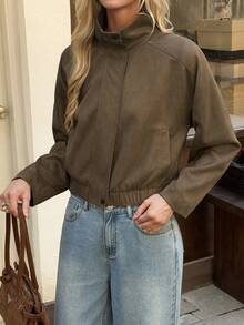 NOIRLYN Women's Vintage Washed Stand Collar Zip-Up Short Jacket, Loose Casual Utility Long Sleeve Outerwear, Suitable For Daily Commute And Street Style - Brown - View 8