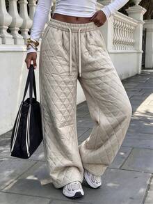 Women's Diamond Quilted Wide Leg Pants, Drawstring Elastic Waist Loose Casual Thermal Trousers For Fall Winter - White - View 2