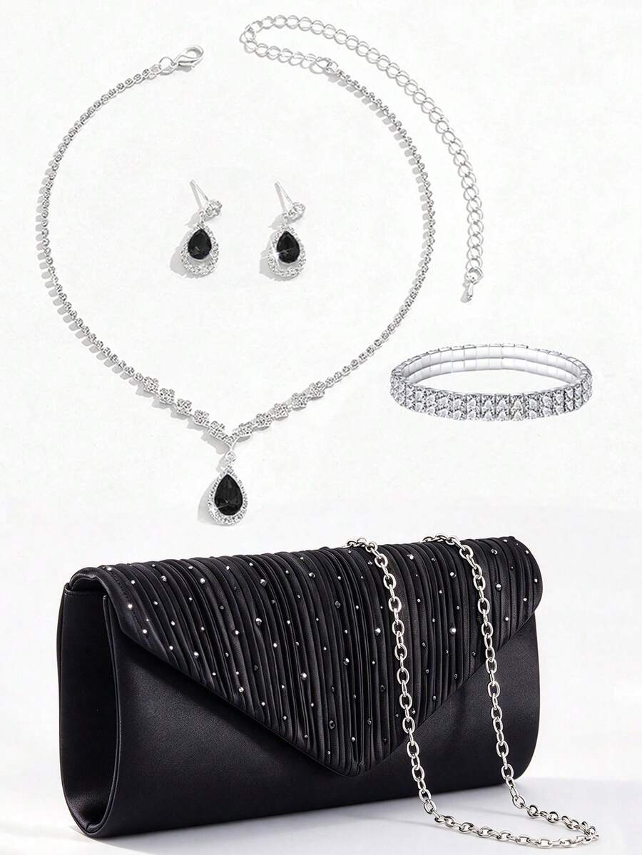 Women's Evening Clutch Bag With Rhinestones, Chain Shoulder Bag, Evening Bag, Rhinestone Necklace, Earrings, Bracelet, Party Jewelry Set, 4-Piece Combination - Black - View 1