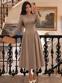 Dirp Noir Women's Autumn Vintage Plaid Round Neck Waist-Cinching Mid-Length Dress, Suitable For Commuting, Dating, Back-To-School Prom - Brown - View 11