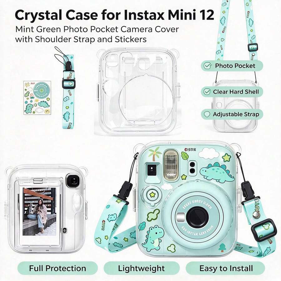 Ốp bảo vệ trong suốt cho máy ảnh Fujifilm Mini 13 (màu xanh Lagoon) | Túi bảo vệ máy ảnh Mini 13 bằng nhựa cứng PC trong suốt, kèm sticker dễ thương và dây đeo vai điều chỉnh được, không bao gồm máy ảnh - Xem 1