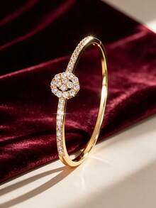 1pc Full Rhinestone Flower Buckle Open Bangle, Side-Set Rhinestone Design Wrist Accessory, Light Luxury Gift For Date And Evening Party - Bracelet - View 7