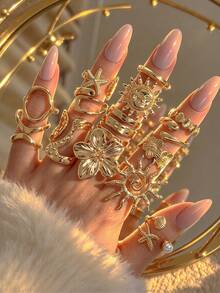 14/6pcs Fashionable Minimalist Elegant Exquisite Vintage Design Floral Sun Faux Pearl Artificial Shell Starfish Element Geometric Ribbon Wave Asymmetrical Texture Hollow Design Metal Style Chunky Rings Multi-Piece Set Stackable Holiday Vacation Party Date Gift Daily Wear Personalized - Yellow Gold - View 5